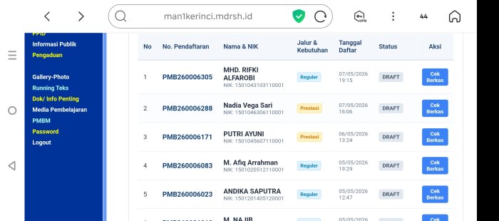 Antusias Tinggi, Pendaftar SPMB MAN 1 Kerinci Tahun Pelajaran 2026/2027 Terus Bertambah