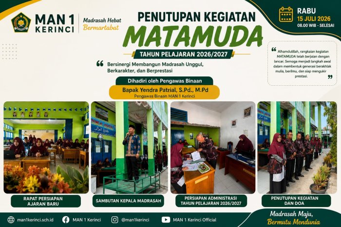 Pengawas Binaan Hadiri Penutupan MATAMUDA dan Berikan Penguatan Menyambut Tahun Pelajaran 2026/2027 di MAN 1 Kerinci Pengawas Binaan Hadiri Penutupan MATAMUDA dan Berikan Penguatan Menyambut Tahun Pelajaran 2026/2027 di MAN 1 Kerinci