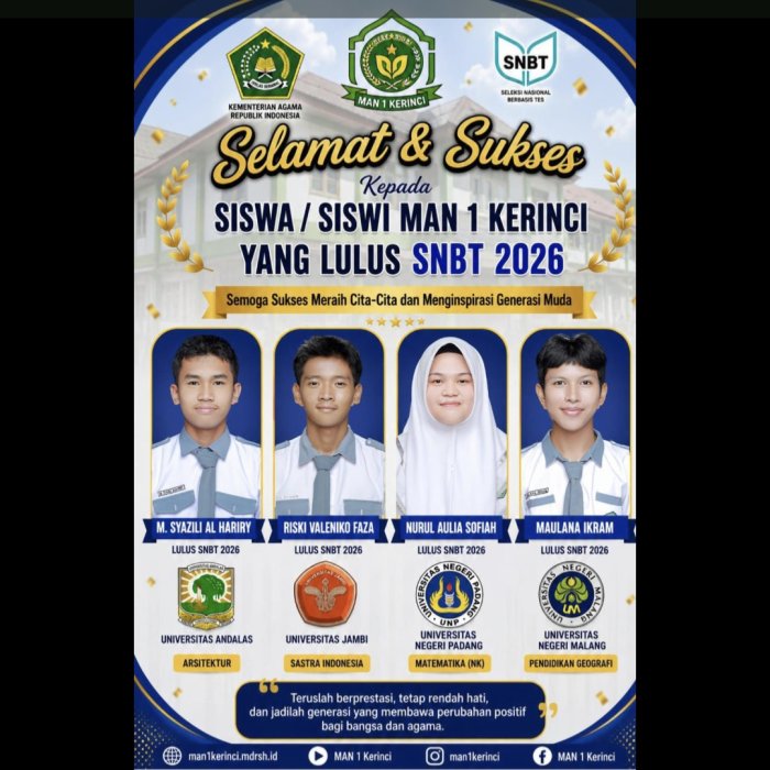 MAN 1 Kerinci Ukir Prestasi, Siswa Lulus SNBT 2026 di PTN Bergensi Se-Indonesia