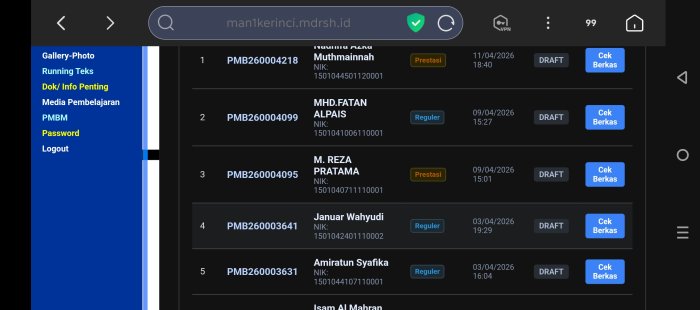 Pendaftaran SPMB Online MAN 1 Kerinci Meningkat